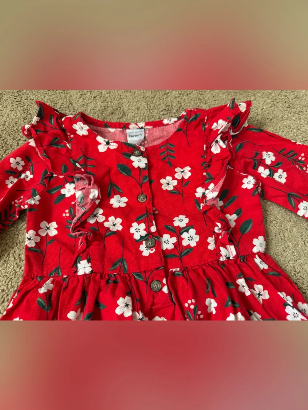 Carter’s Girls Size 18m Red Ruffled Floral Dress Outfit Long Sleeves Flowers